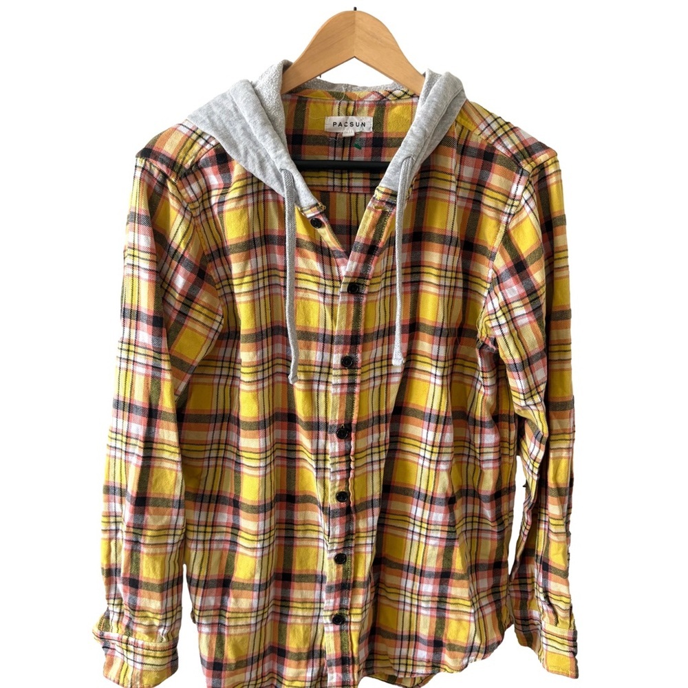 PacSun Hooded Plaid Flannel Shirt Jacket Yellow Red Gray Size M